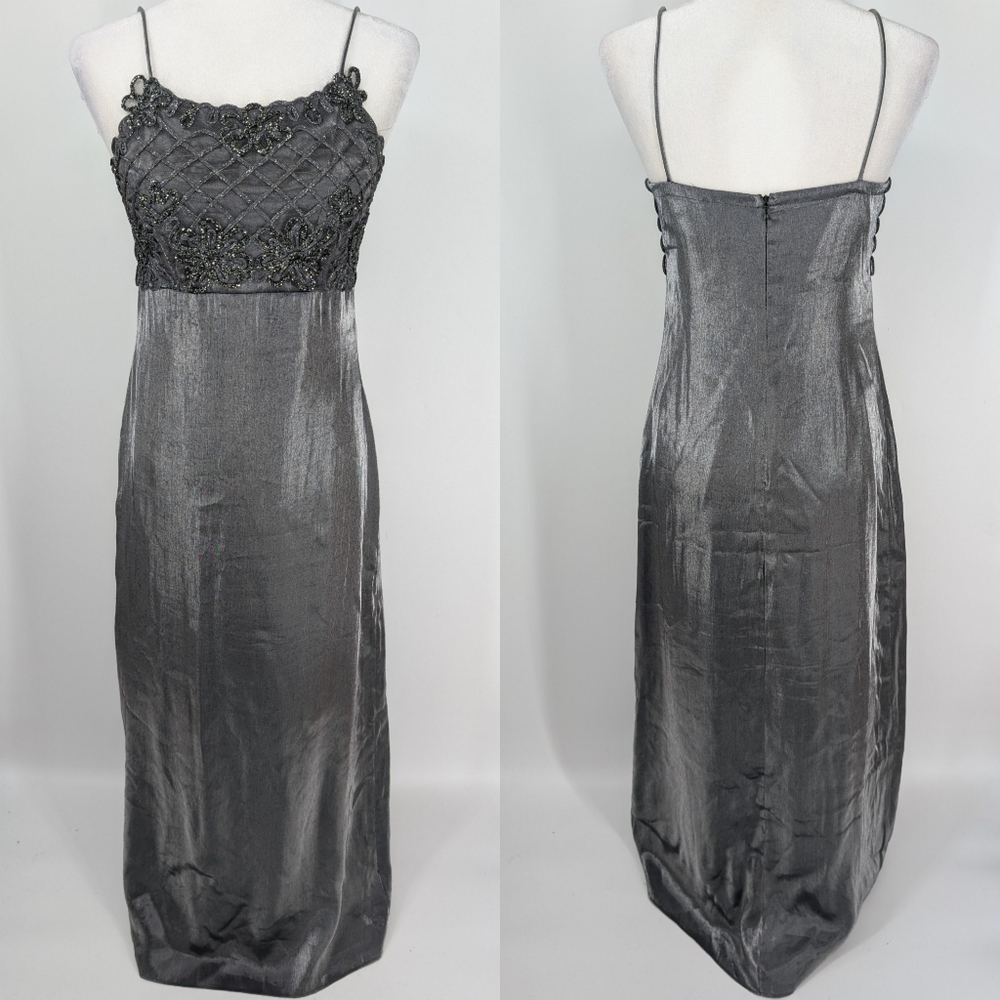 Vintage 90s Night Way Collections Gray Silver Floral Formal Maxi Dress Gown 8